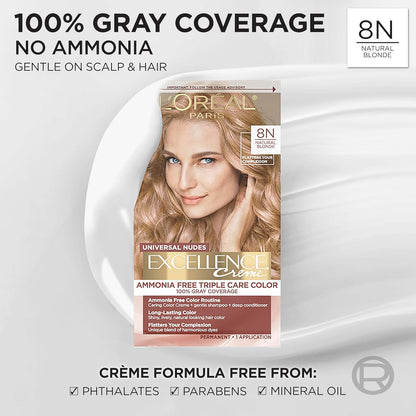 L’Oreal Paris Excellence Universal Nudes Permanent Hair Color, Ammonia Free Hair Dye for Gray Hair Coverage, 8N Natural Blonde, 1 Hair Dye Kit (Pack of 2)