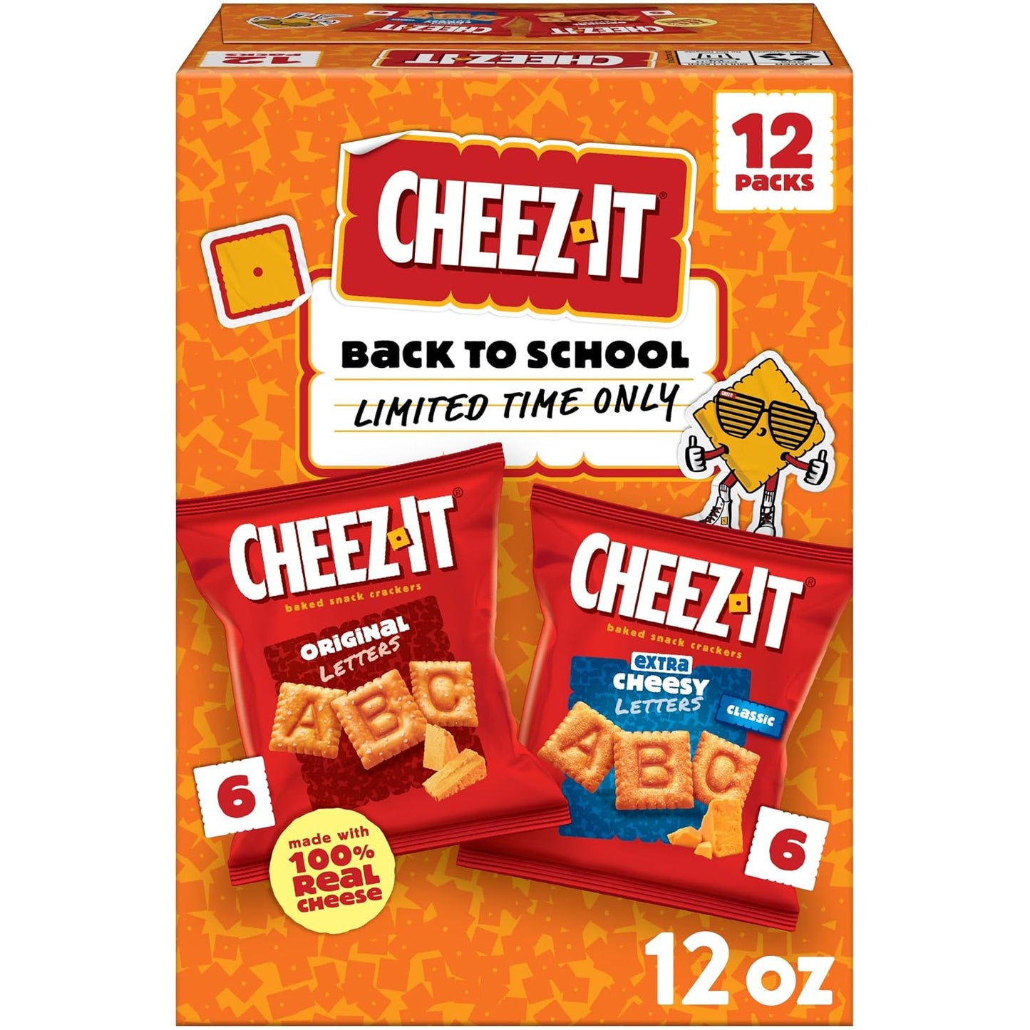 Cheez-It Letters Baked Snack Crackers, Back to School, Lunch Snacks, Variety Pack (12 Packs)