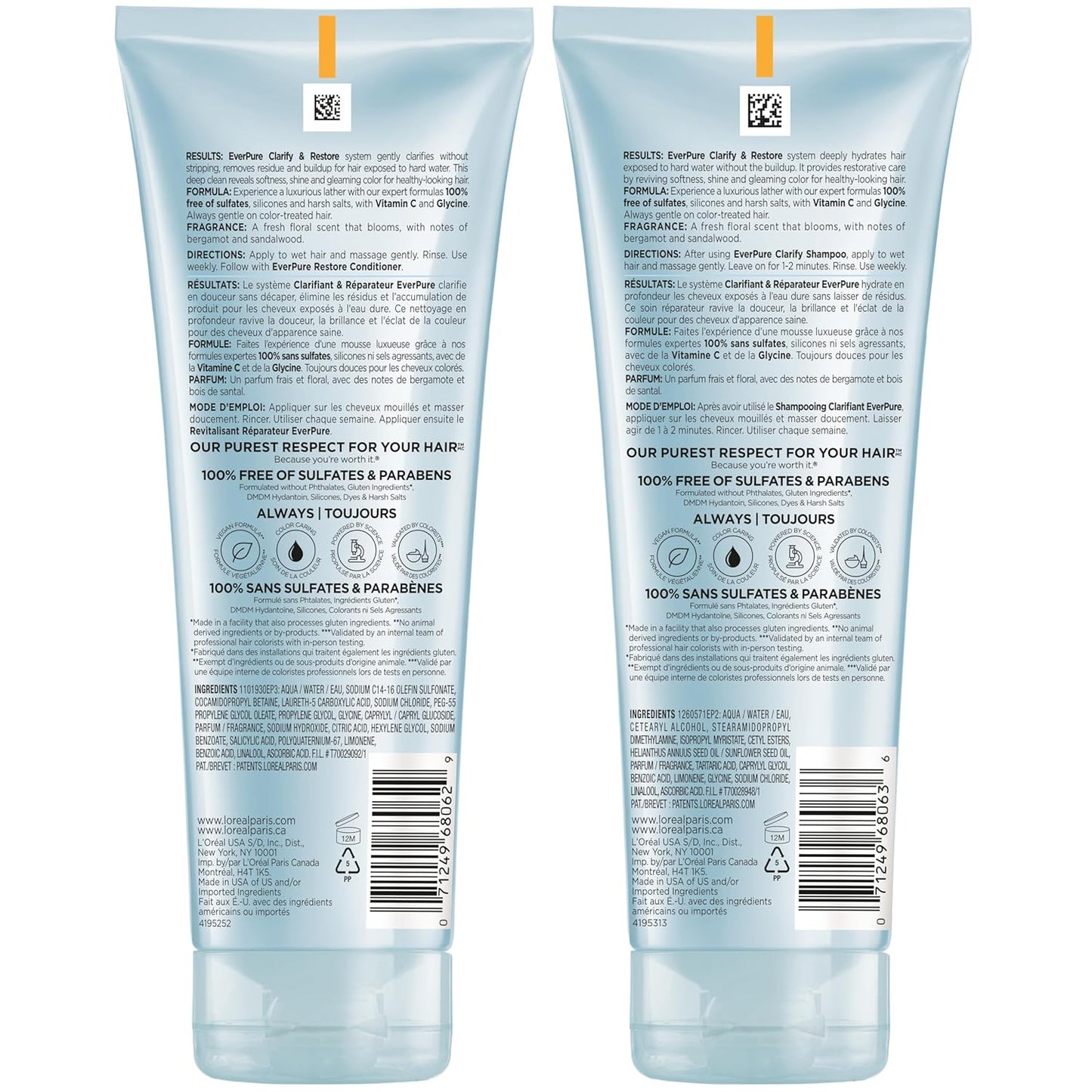 L'Oreal Paris Clarify and Restore Sulfate Free Shampoo and Conditioner Set with Antioxidants for Hard Water Exposure-and Styling Build-up,EverPure,1 Hair Care Kit,(Pack of 6)