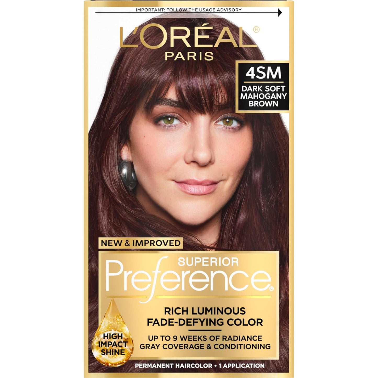 L'Oreal Paris Superior Preference Luminous Fade-Defying Permanent Hair Color, Hair Dye For Up to 9 Weeks of Radiance, Dark Soft Mahogany Brown 4SM, 1 Hair Dye Kit
