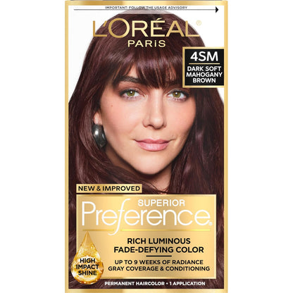 L'Oreal Paris Superior Preference Luminous Fade-Defying Permanent Hair Color, Hair Dye For Up to 9 Weeks of Radiance, Dark Soft Mahogany Brown 4SM, 1 Hair Dye Kit