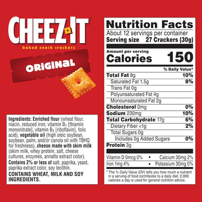 Cheez-It Cheese Crackers, Baked Snack Crackers, Lunch Snacks, Original, 12.4oz Box (1 Box)