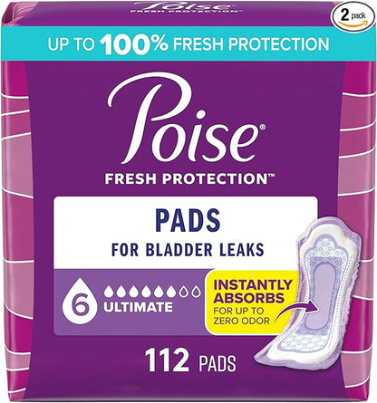 Poise Incontinence & Postpartum Pads for Bladder Leaks, 6 Drop Ultimate Absorbency, Regular Length, 112 Count, Packaging May Vary