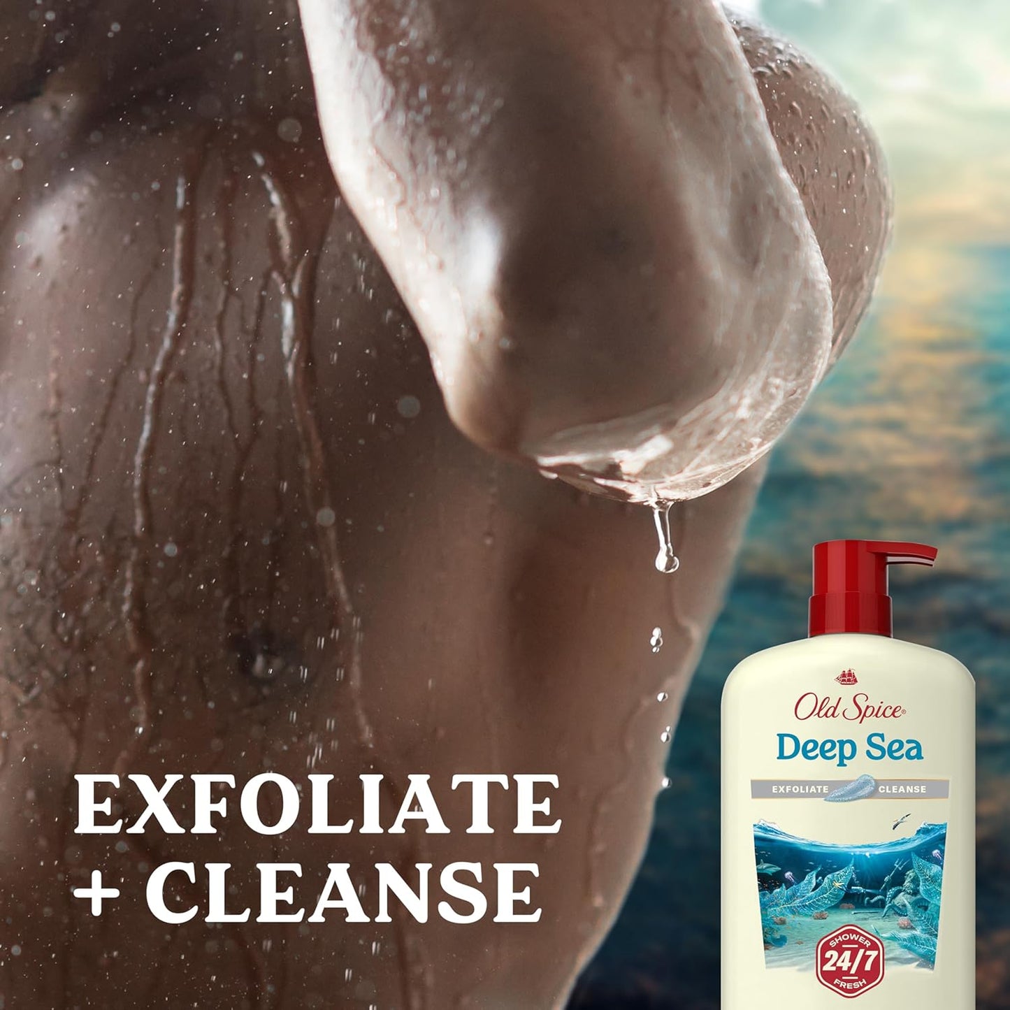 Old Spice Cleansing Body Wash for Men, 24/7 Shower Fresh with Lasting Scent, Exfoliate & Cleanse, Gentle on Skin, Vitamin B3, Deep Sea with Ocean Waves + Kelp Scent, 30 oz (Pack of 4)