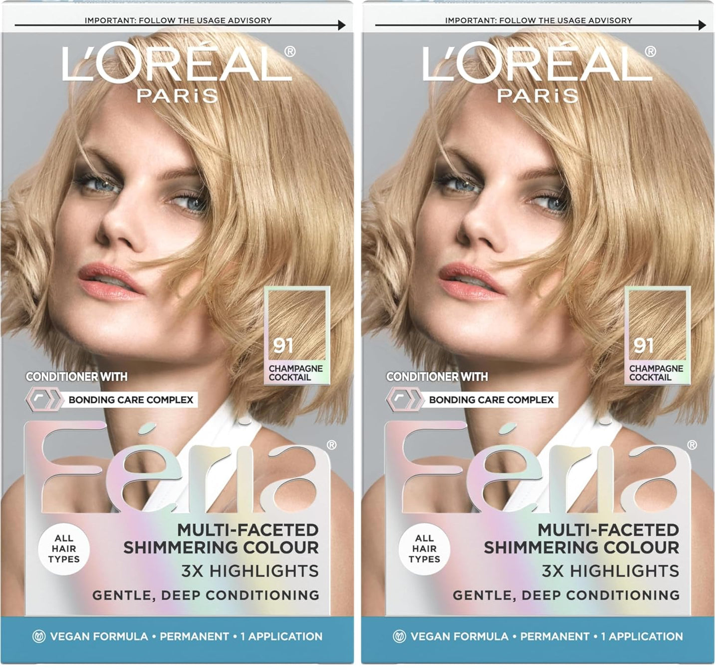 L'Oreal Paris Feria Multi-Faceted Shimmering Permanent Hair Color, 91Champagne Cocktail (Light Beige Blonde), Pack of 2, Hair Dye