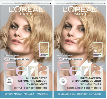 L'Oreal Paris Feria Multi-Faceted Shimmering Permanent Hair Color, 91Champagne Cocktail (Light Beige Blonde), Pack of 2, Hair Dye