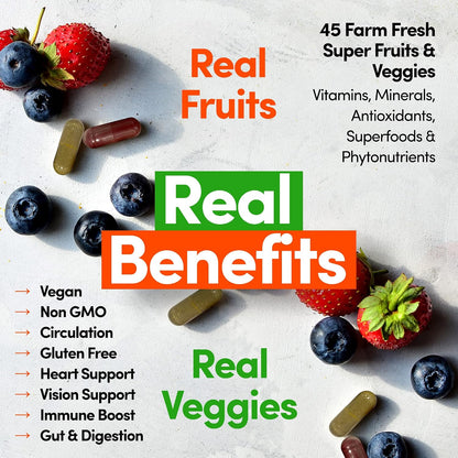 Country Farms Fruits and Vegetables Supplement, 180 Fruit and 180 Veggie Capsules, Greens and Reds Packed with Superfoods, Powerful Antioxidants, 60 Servings
