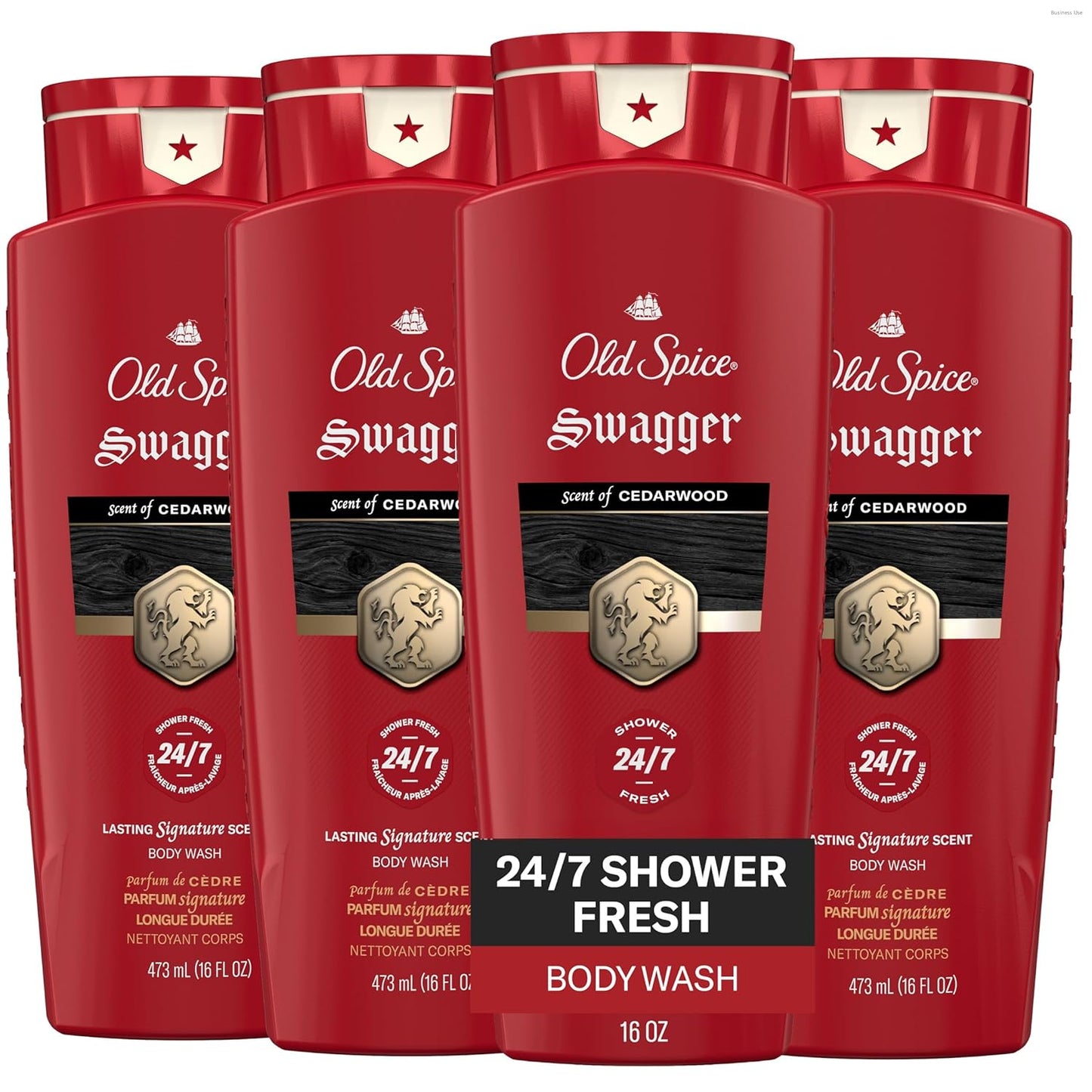 Old Spice Refreshing Body Wash for Men, 3X Defense, 24/7 Shower Fresh with Long Lasting Scent, Red Collection, Swagger with Cedarwood Scent, 16 oz (Pack of 4)