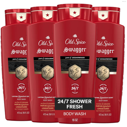 Old Spice Refreshing Body Wash for Men, 3X Defense, 24/7 Shower Fresh with Long Lasting Scent, Red Collection, Swagger with Cedarwood Scent, 16 oz (Pack of 4)