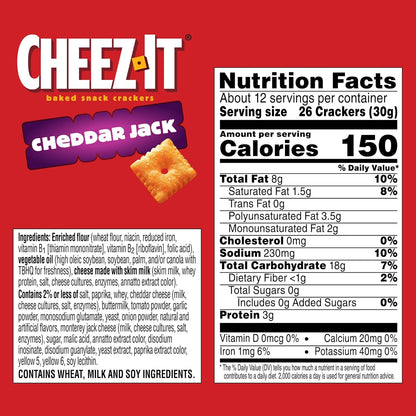 Cheez-It Cheese Crackers, Baked Snack Crackers, Lunch Snacks, Cheddar Jack, 12.4oz Box (1 Box)
