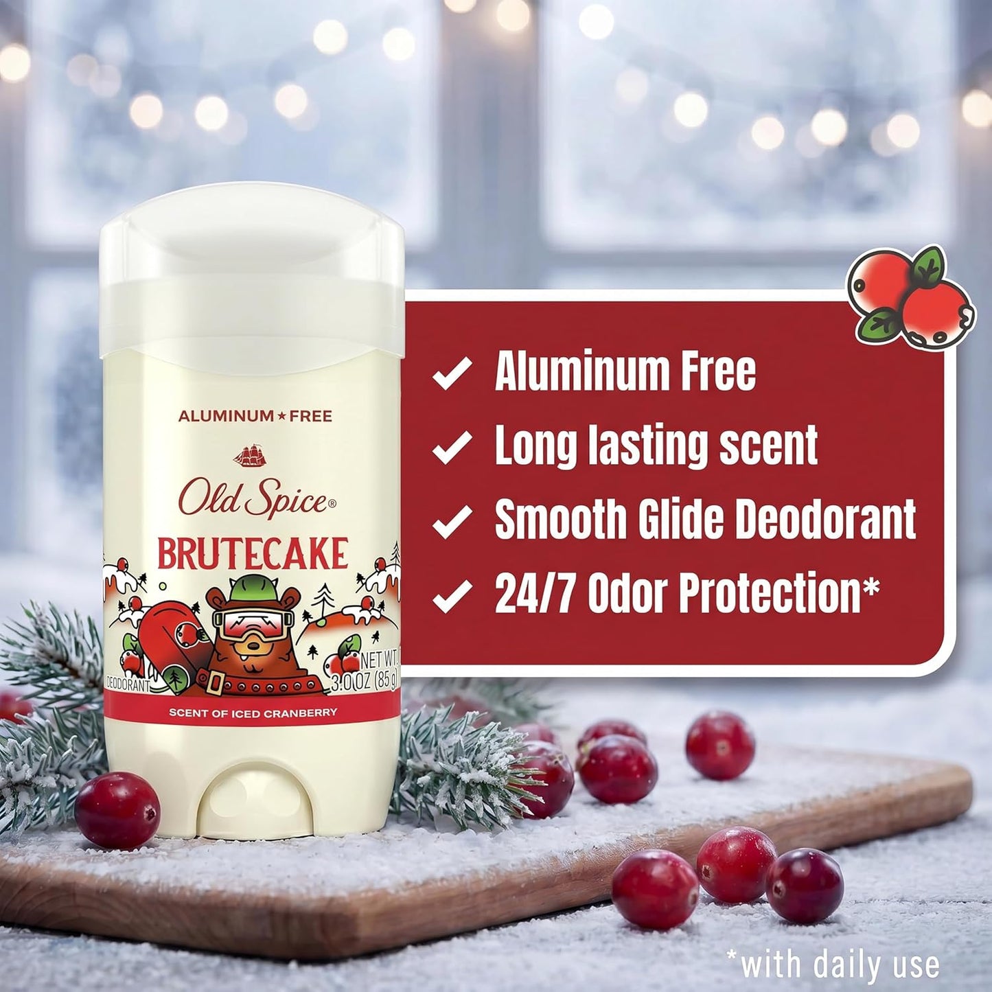 Old Spice Aluminum Free Deodorant for Men, Holidudes Limited Edition, 24/7 Holiday Freshness, Odor Protection, Stocking Stuffer, BruteCake with Iced Cranberry Scent, 3.0 oz