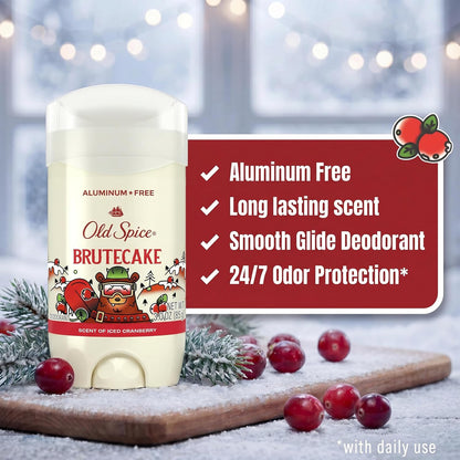 Old Spice Aluminum Free Deodorant for Men, Holidudes Limited Edition, 24/7 Holiday Freshness, Odor Protection, Stocking Stuffer, BruteCake with Iced Cranberry Scent, 3.0 oz
