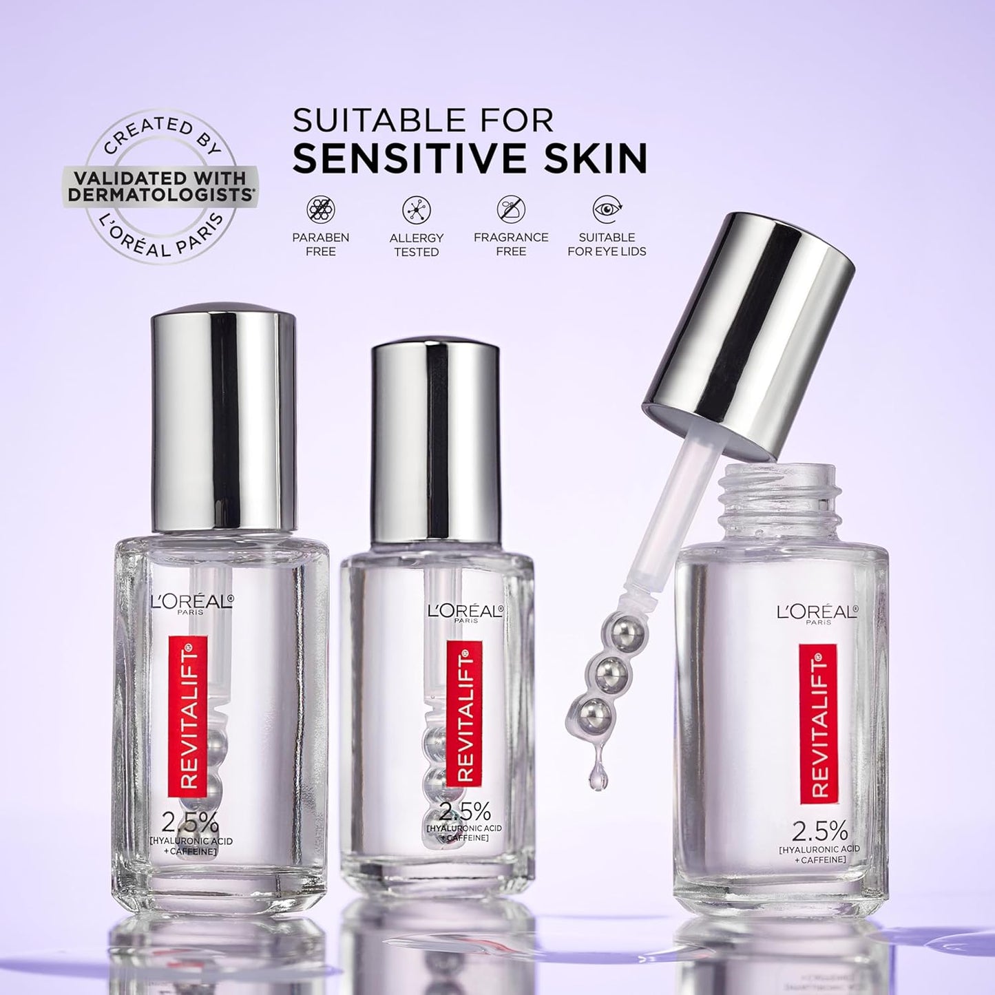 L'Oreal Paris Revitalift Hyaluronic Acid + Caffeine Hydrating Eye Serum for Dark Circles, Fragrance Free .67 fl. oz + Moisturizer Sample