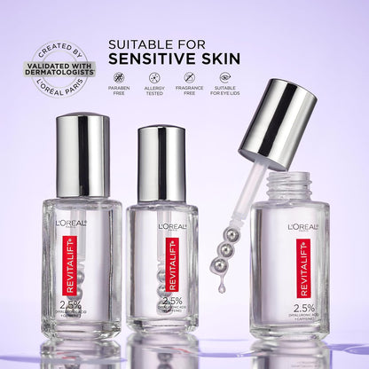 L'Oreal Paris Revitalift Hyaluronic Acid + Caffeine Hydrating Eye Serum for Dark Circles, Fragrance Free .67 fl. oz + Moisturizer Sample