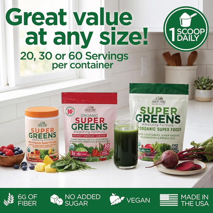Country Farms Super Greens Natural Flavor, 50 Organic Super Foods, USDA Organic Drink Mix (Wheat Grass, Spirulina, Chlorella) Mushrooms & Probiotics, Fiber, Gut Health, Natural Energy, 30 Servings