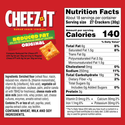 Cheez-It Cheese Crackers, Baked Snack Crackers, Lunch Snacks, Family Size, Reduced Fat Original, 19oz Box (1 Box) (Pack of 2)