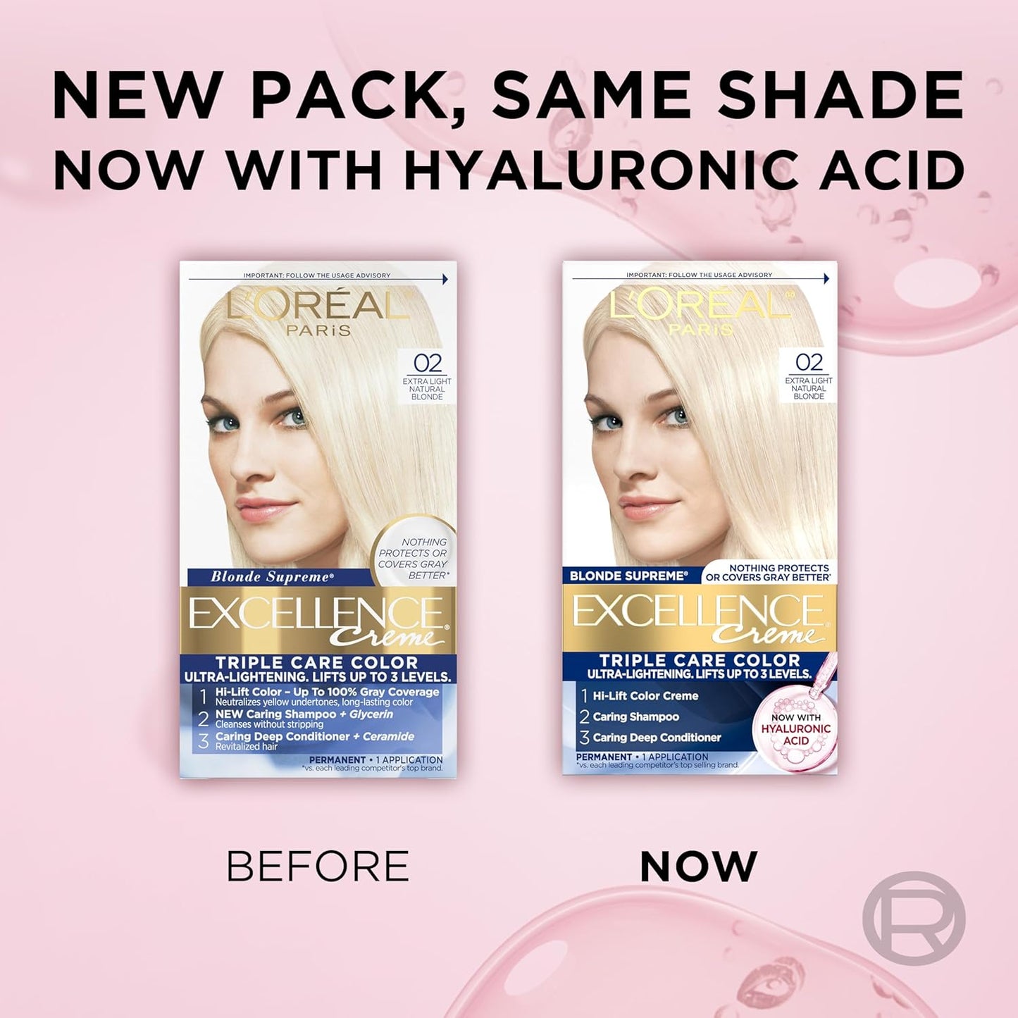 L'Oreal Paris Excellence Crème Permanent Hair Dye, Triple Care Hair Color with Hyaluronic Acid for 100% Gray Coverage, 02 Extra Light Natural Blonde, 1 Kit (Packaging May Vary)