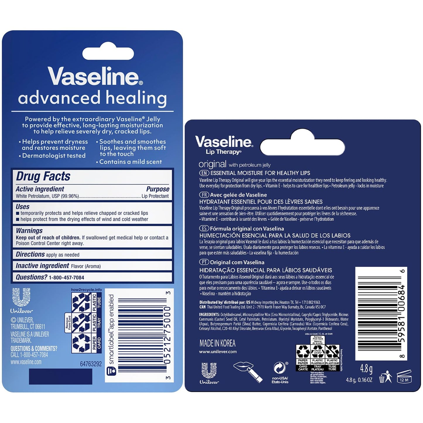 Vaseline Lip Therapy Advanced Healing Lip Balm Tube 12-Pack – White Petroleum Lip Protectant, 0.25 Oz Ea