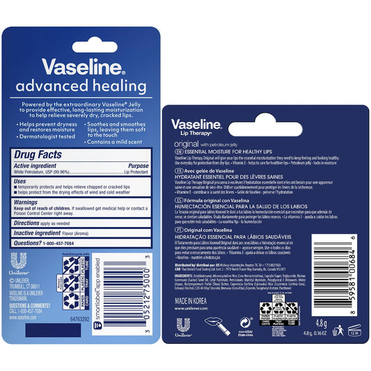 Vaseline Lip Therapy Advanced Healing Lip Balm Tube 12-Pack – White Petroleum Lip Protectant, 0.25 Oz Ea