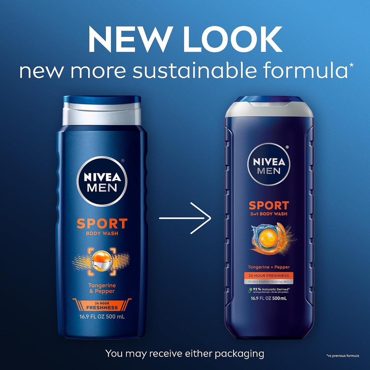 NIVEA MEN Sport 3-in-1 Body Wash, Tangerine and Pepper, 16.9 FL OZ