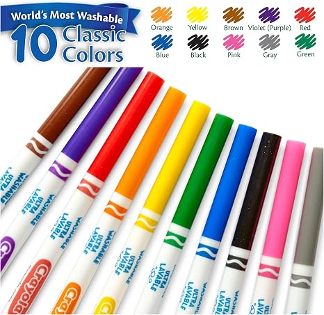 Crayola Ultra-Clean Washable Markers, Fine Line Multicolor, 10 Count