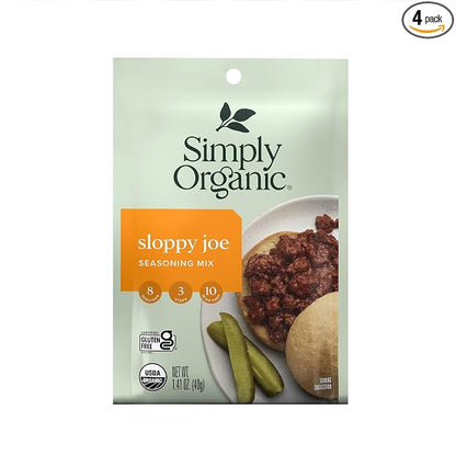 Simply Organic Sloppy Joe, Certified Organic, Kosher, Chili Mixes | 1.41 Ounce (Pack of 4)