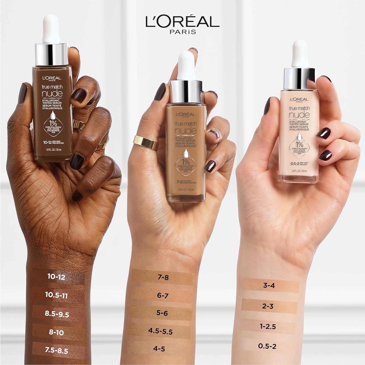 L'Oreal Paris True Match Nude Hyaluronic Tinted Serum Foundation with 1% Hyaluronic acid, Cool Deep 7.5-8.5, 1 fl. oz.