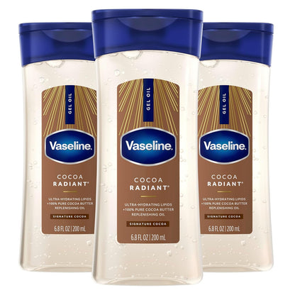 Vaseline Intensive Care Cocoa Radiant Pack of 3 for Glowing Skin Body Gel Oil Made with Pure Cocoa Butter + Replenishing Oils 6.8 fl oz