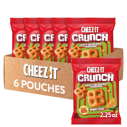 Cheez-It Crunch Cheesy Baked Snacks, Lunch Snacks, Zesty Jalapeno Cheddar (6 Pouches)