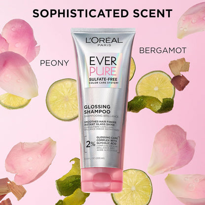 L’Oreal Paris Sulfate Free Glossing Shampoo and Conditioner Set with Glycolic Acid, Provides Intense Glass Shine & Smoothness, Suitable for Dull, Dry, and Color-Treated Hair, EverPure, 13.6 Fl Oz Set
