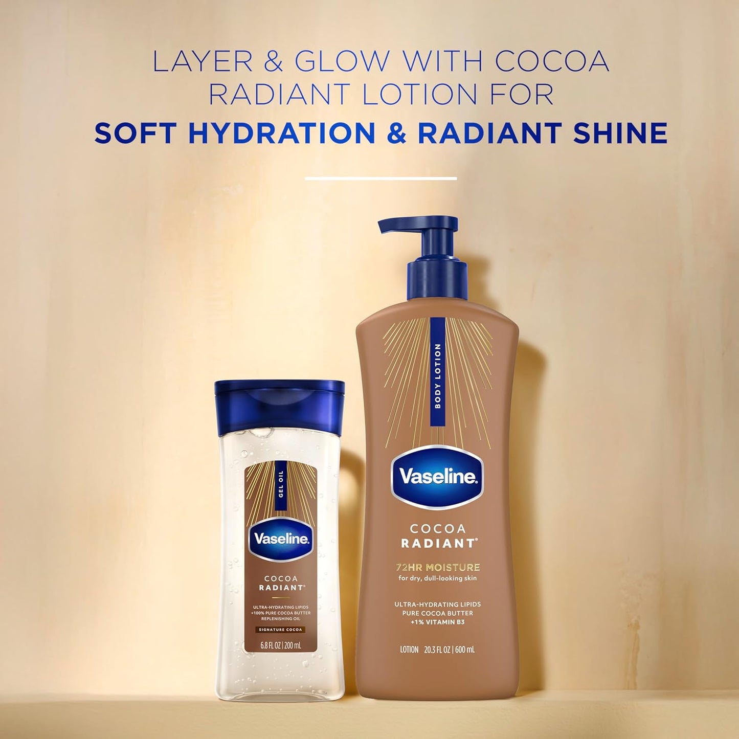 Vaseline Intensive Care Cocoa Radiant Pack of 3 for Glowing Skin Body Gel Oil Made with Pure Cocoa Butter + Replenishing Oils 6.8 fl oz