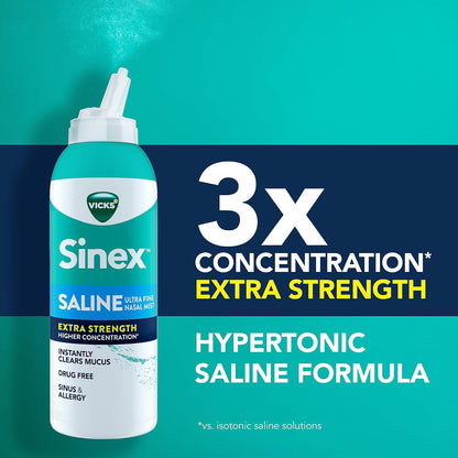 VICKS Sinex Saline Extra Strength Nasal Spray, 3X Concentrated* Drug Free Ultra Fine Mist, Instantly Clears Mucus, Ultra Concentrated to Clear Congestion Fast, Safe For Daily Use, 5 OZ x 2