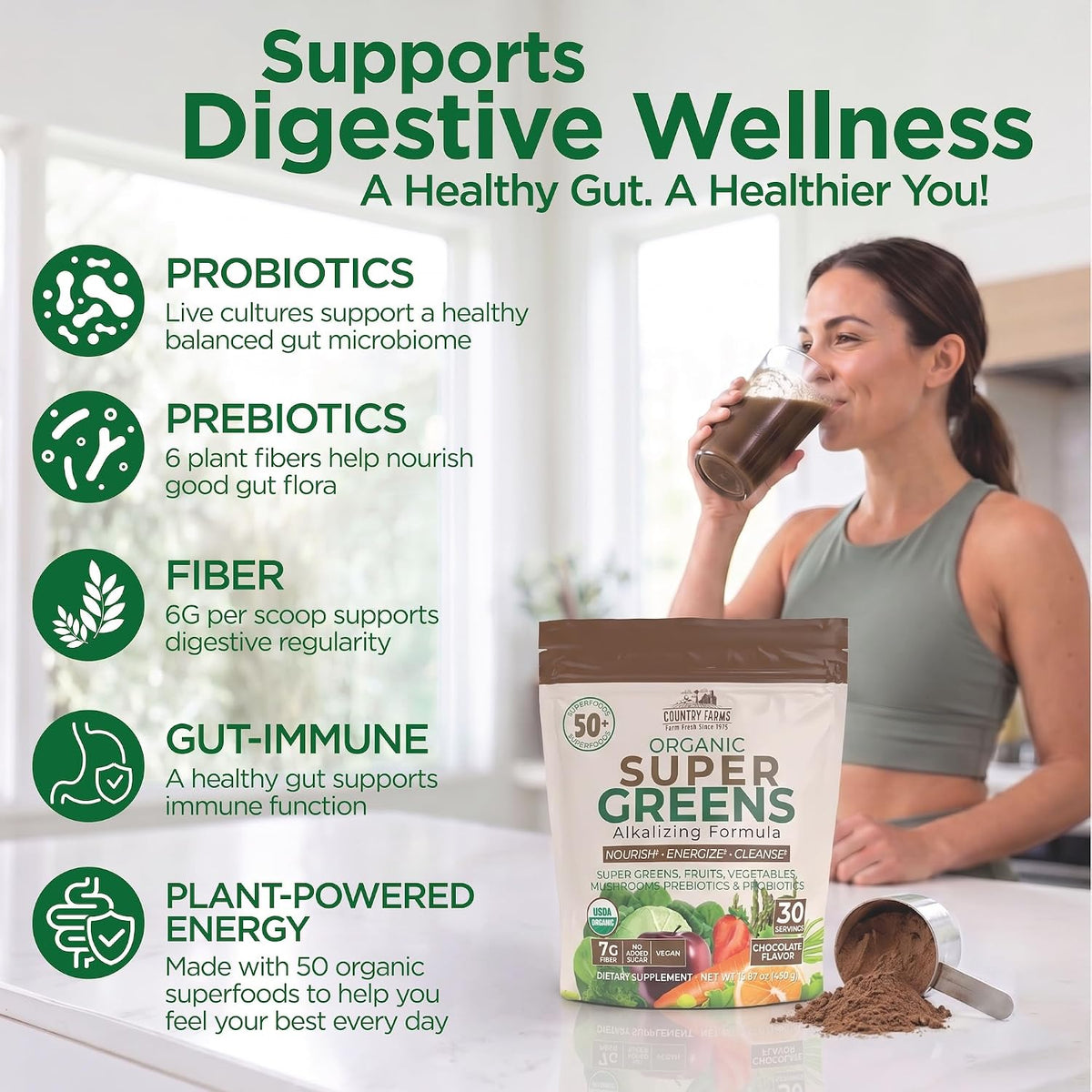 Country Farms Super Greens Chocolate Flavor, 50 Organic Super Foods, USDA Organic Drink Mix (Wheat Grass, Spirulina, Chlorella) Mushrooms & Probiotics, with Fiber, Natural Energy, 30 Servings