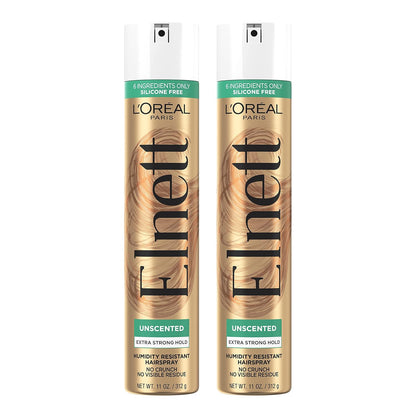 L'Oreal Paris Elnett Unscented Hairspray, up to 72-Hour Extra Strong Hold Formula with Humidity Resistant Frizz Control, Hairspray with Soft, Brushable Finish, 11 oz, 2 Pack