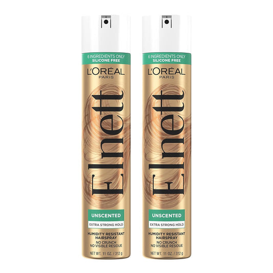 L'Oreal Paris Elnett Unscented Hairspray, up to 72-Hour Extra Strong Hold Formula with Humidity Resistant Frizz Control, Hairspray with Soft, Brushable Finish, 11 oz, 2 Pack