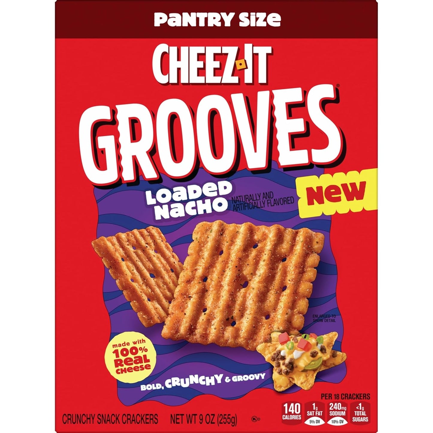Cheez-It Grooves Crunchy Snack Crackers, Lunch Snacks, Pantry Size, Loaded Nacho, 9oz Box (1 Box)
