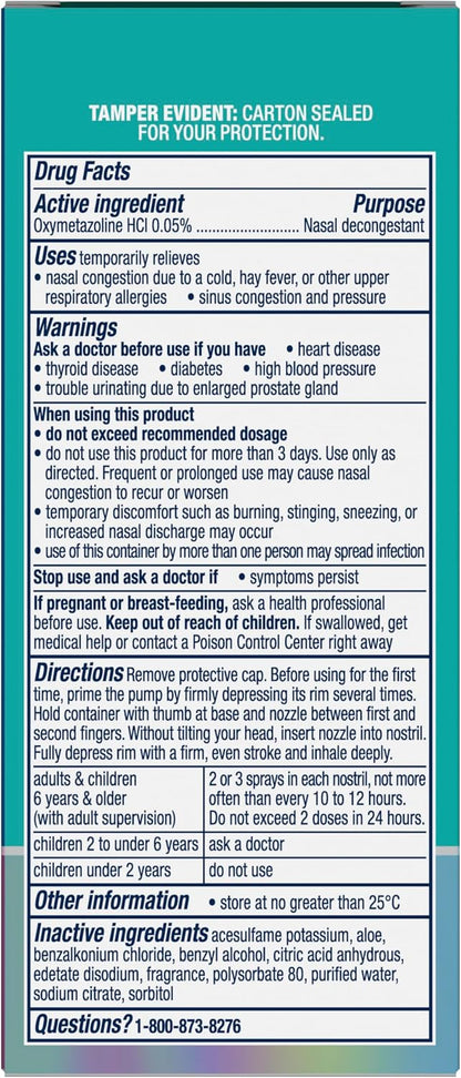Vicks Sinex Severe Nasal Spray with Moisturizing Ultra Fine Mist, Decongestant for Stuffy Nose Relief from Cold, Allergy, Sinus Pressure - 265 Sprays