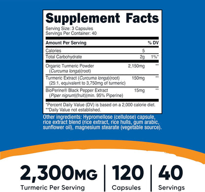 Nutricost Turmeric Curcumin with BioPerine, 2300mg, 120 Capsules, GMO-Free