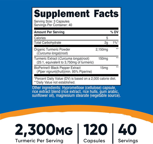 Nutricost Turmeric Curcumin with BioPerine, 2300mg, 120 Capsules, GMO-Free