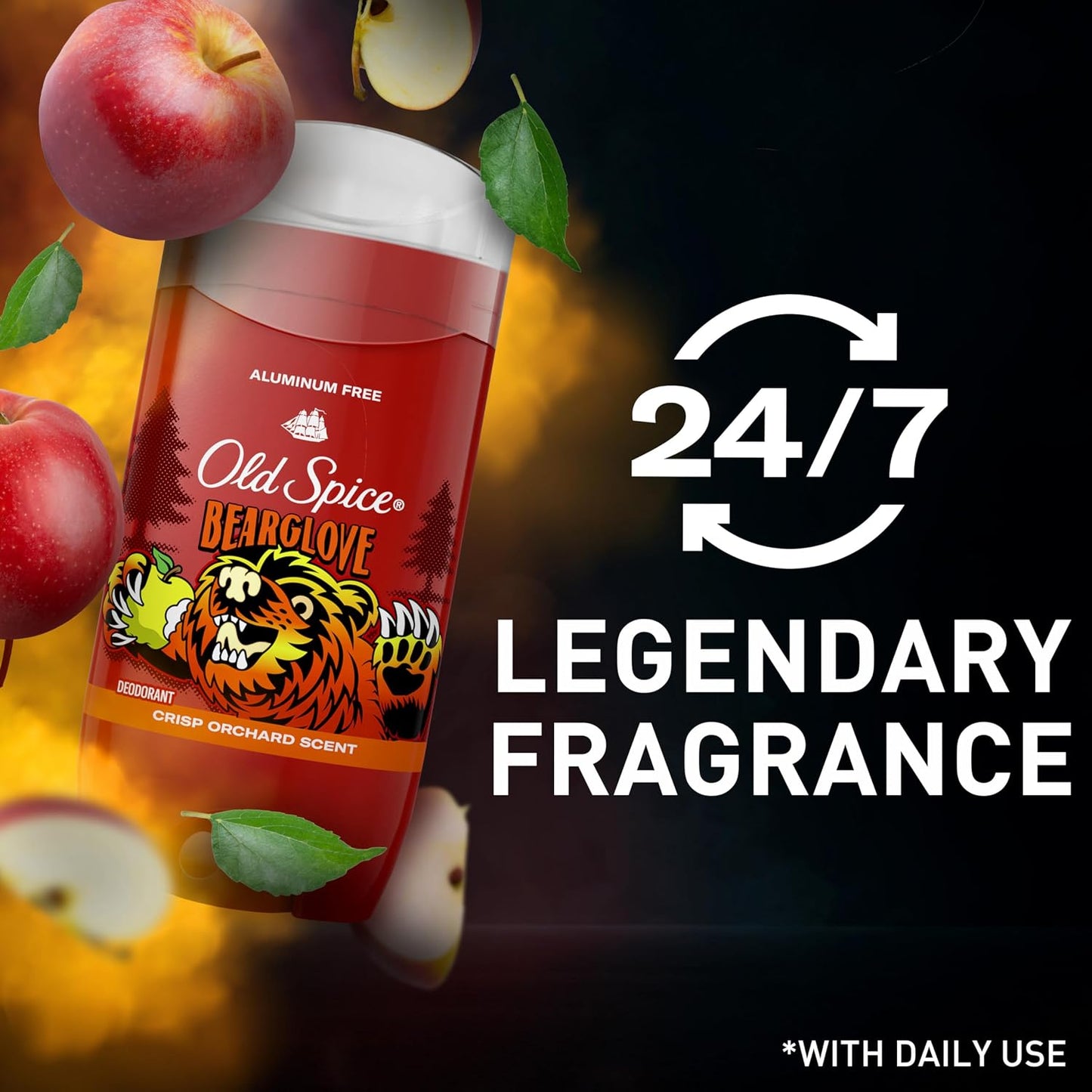 Old Spice Aluminum Free Deodorant for Men, 24/7 Odor Protection, 24/7 Freshness & Lasting Scent, Goes on Clear, Bearglove with Crisp Orchard Scent, 3.0 oz (Pack of 2)