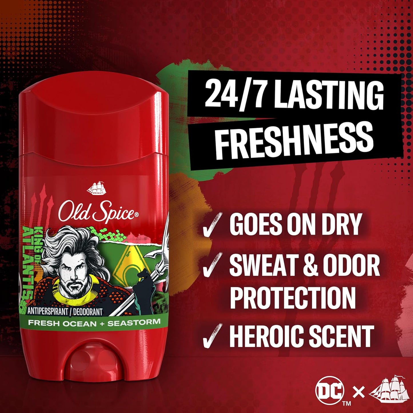 Old Spice Antiperspirant Deodorant for Men, 24/7 Freshness & Lasting Scent, 24/7 Long Lasting Sweat & Odor Protection, Smell Like a Hero, Aquaman, Fresh Ocean and Seastorm Scent, 2.6 oz