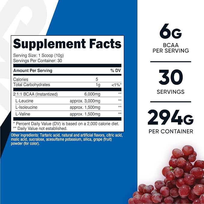 Nutricost BCAA Powder (Grape) 30 Servings, Optimal 2:1:1 Ratio, Vegetarian
