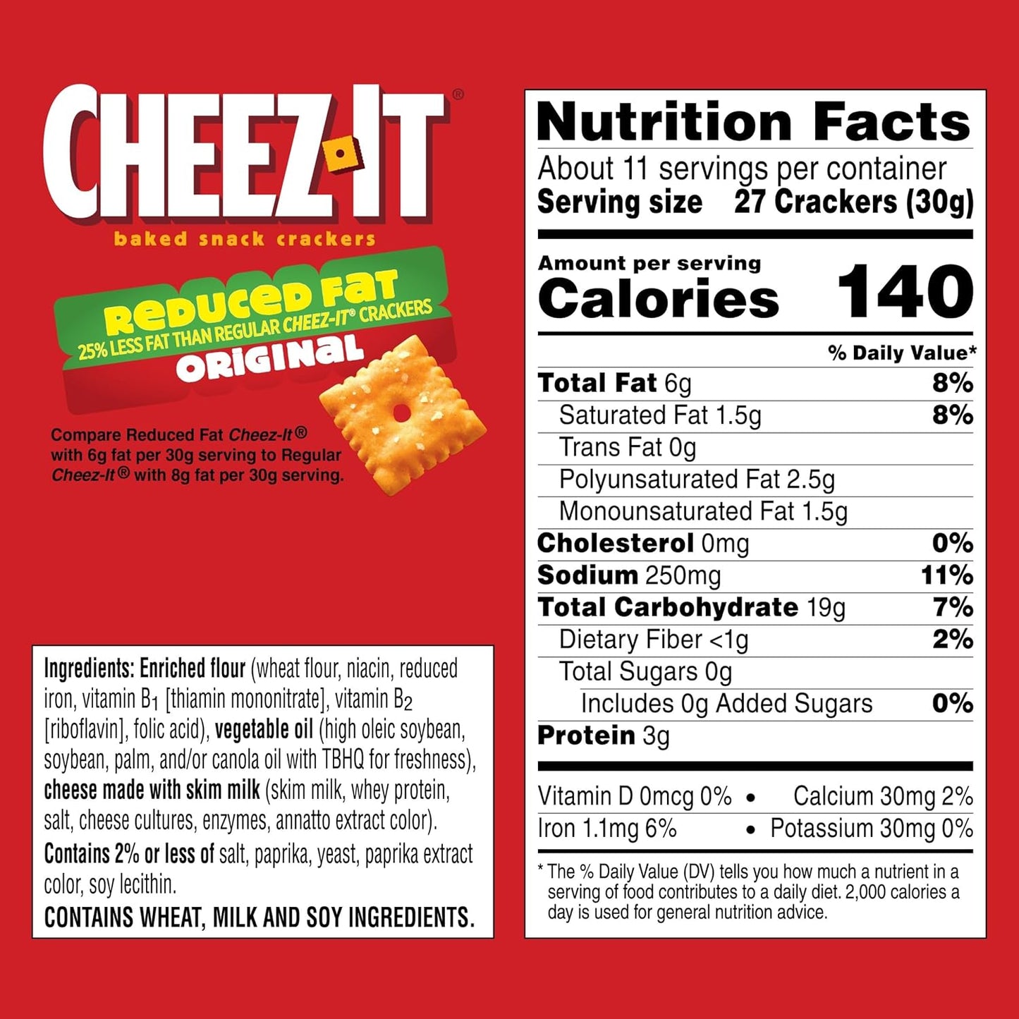 Cheez-It Cheese Crackers, Baked Snack Crackers, Lunch Snacks, Family Size, Reduced Fat Original, 19oz Box (1 Box)