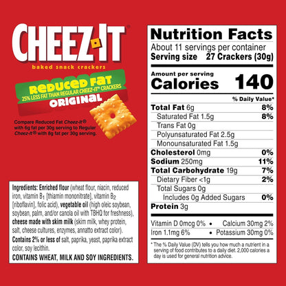 Cheez-It, Baked Snack Cheese Crackers, Reduced Fat Original, Made with 100% Real Cheese, 11.5oz Box