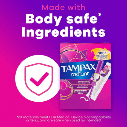 Tampax Radiant Tampons for Women Multipack, with LeakGuard Braid, Regular/Super Absorbency, Unscented, 28 Count, Packaging May Vary