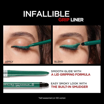 L'ORÉAL Infallible Grip Mechanical Gel Eyeliner Pencil, Smudge-Resistant, Waterproof Eye Makeup with Up to 36HR Wear, Emerald Green, 1 Kit, 1 Fl Oz (Pack of 1)