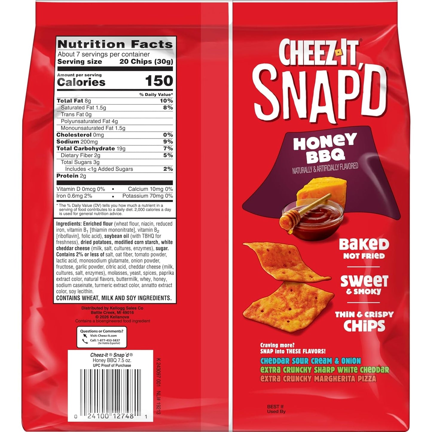 Cheez-It Snap'd Cheesy Baked Chips, Thin Crisps, Lunch Snacks, Honey BBQ (6 Bags)