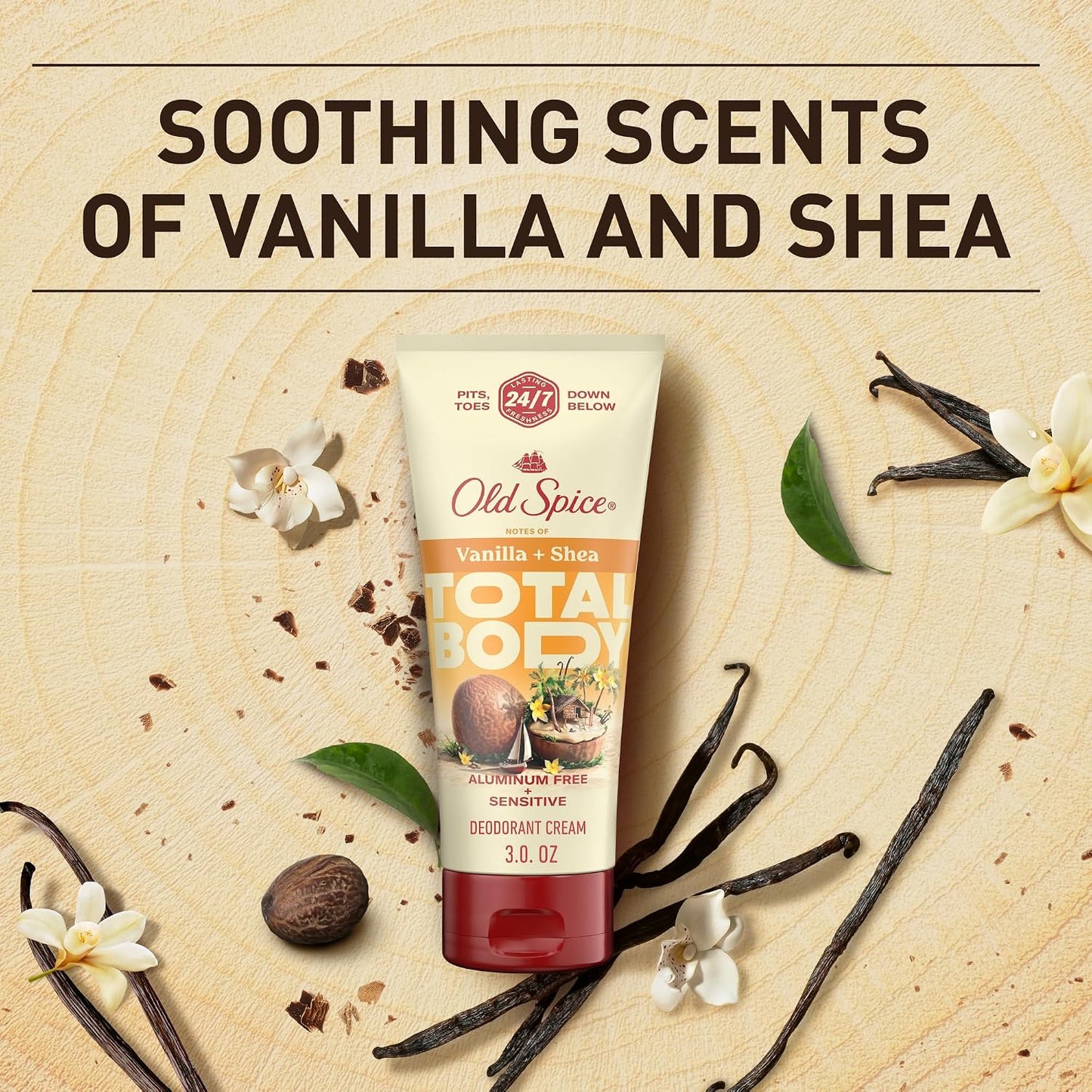 Old Spice Whole Body Deodorant Cream for Men, Aluminum Free, Vanilla + Shea Scent, 24/7 Odor Protection, 24/7 Lasting Freshness, Dermatologist Tested, Gentle on Skin, Safe to Use All Over, 3.0 oz