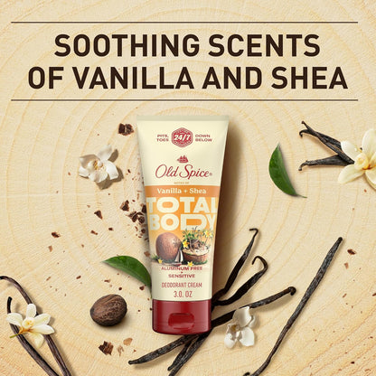 Old Spice Whole Body Deodorant Cream for Men, Aluminum Free, Vanilla + Shea Scent, 24/7 Odor Protection, 24/7 Lasting Freshness, Dermatologist Tested, Gentle on Skin, Safe to Use All Over, 3.0 oz