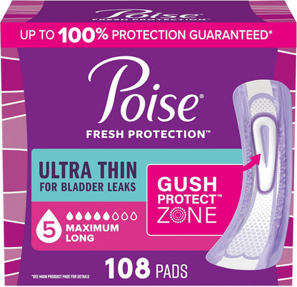 Poise Ultra Thin Incontinence & Postpartum Pads for Bladder Leaks, 5 Drop Maximum Absorbency, Long Length, 108 Count (Packaging May Vary)